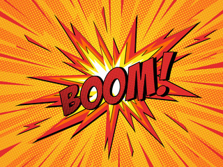Boom! comic speech bubble. Cartoon explosion, lightning blast and fire flash.