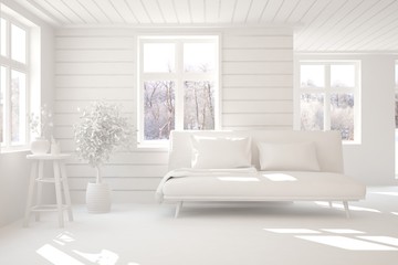 Mock up of stylish room in white color with sofa and winter landscape in window. Scandinavian interior design. 3D illustration