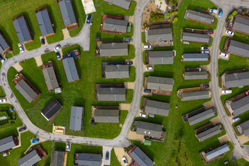 Aerial shot of groups of caravans and trailer homes in the UK