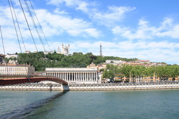 The old city of Lyon, the Saone river and the basilica of Notre Dame de Fourviere, France