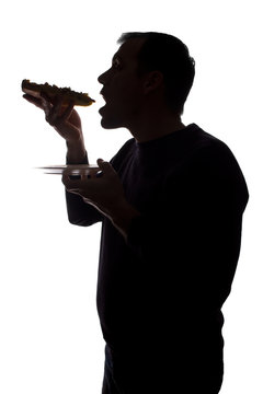 recommend clip art: Portrait of a young man eat pizza, side view - silhouette