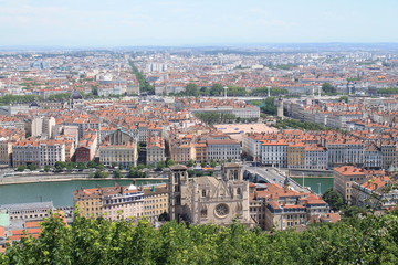 Fototapeta na wymiar Panoramic view of the city of Lyon, taken from the basilica of Notre-Dame de Fourviere's roof, France
