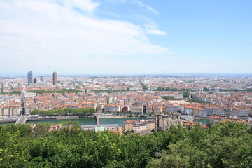 Fototapeta na wymiar Panoramic view of the city of Lyon, taken from the basilica of Notre-Dame de Fourviere's roof, France