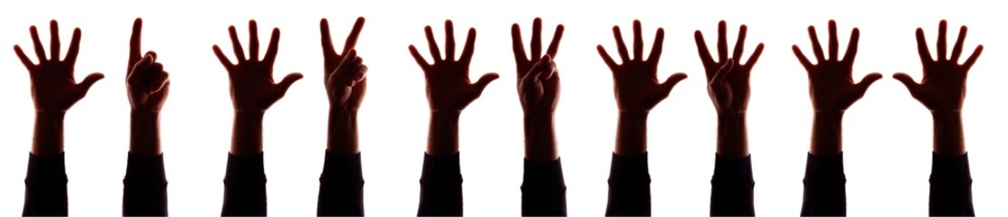 Many hand's young man with fingers apart, numbers - silhouette, concept
