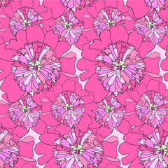 Peony seamless pattern. Pink flower thin black outline background design element stock vector illustration for web, for print