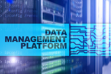 Data management and analysis platform concept on server room background