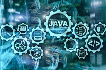  Java Programming concept. Virtual machine. On server room background.