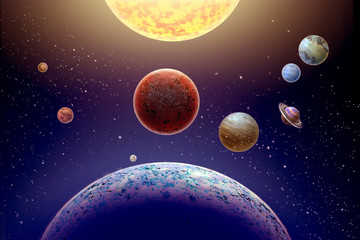 Mini parade planets on background star and sun © andre