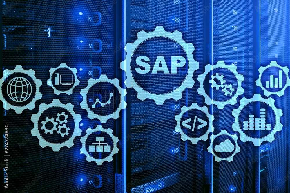 Aufkleber sap system software automation concept on virtual screen data center.