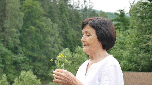 Close-up portrait of a beautiful elderly woman in the background of a mountain forest with wildflowers in her hand