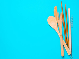 Concept zero waste, environmental pollution.Natural, Organic wooden fork, spoon, cutlery