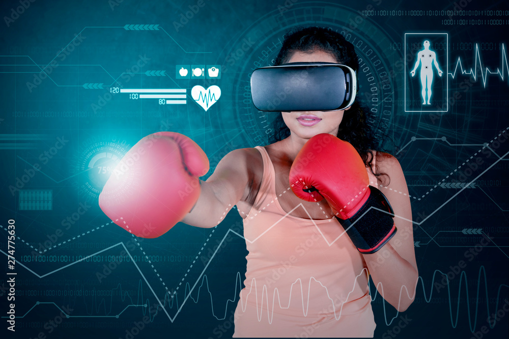 Sticker woman wearing boxing gloves and vr glasses