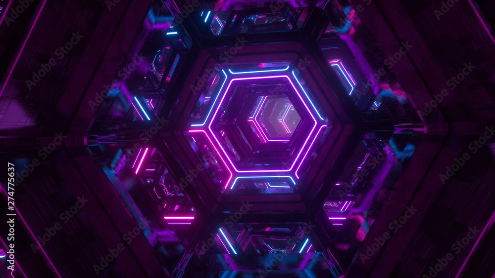 Poster flying through endless luminous tunnel. construction with neon glowing hexagons. hyper loop. abstrac