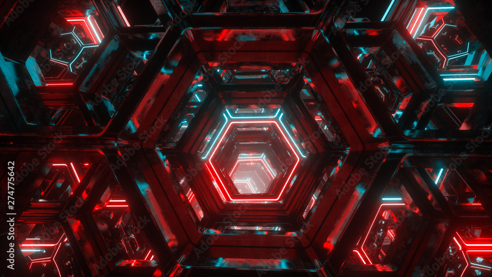 Aufkleber flying through endless luminous tunnel. construction with neon glowing hexagons. hyper loop. abstrac