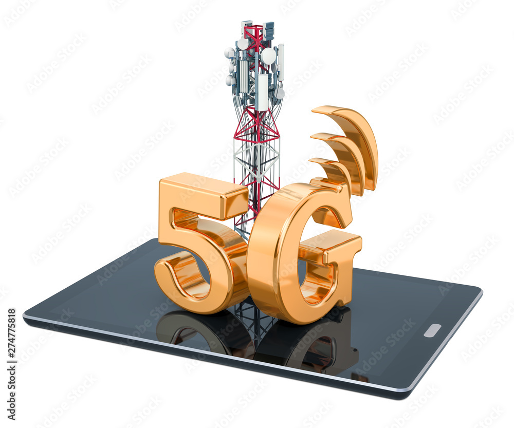 Poster tablet computer with mobile tower, 5g concept. 3d rendering