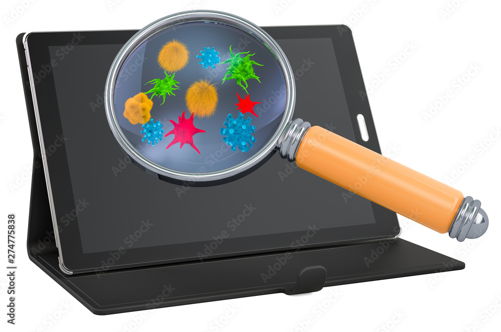 Aufkleber tablet computer with viruses and bacterias under magnifying glass, 3d rendering