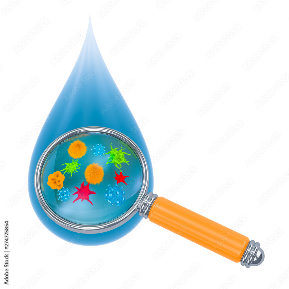 Poster water drop with germs and bacterias under magnifying glass. 3d rendering