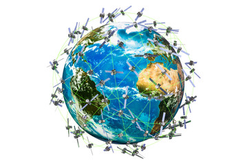 Space satellites around the Earth Globe, 3D rendering isolated on white background © alexlmx