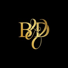 Initial letter B & D BD luxury art vector mark logo, gold color on black background.