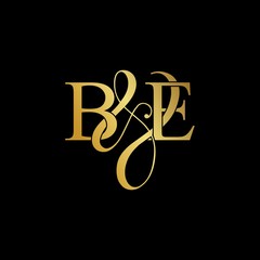 Initial letter B & E BE luxury art vector mark logo, gold color on black background.