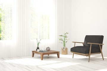 Stylish room in white color with armchair. Scandinavian interior design. 3D illustration