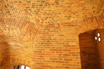 old building of red retro brick inside. nobody