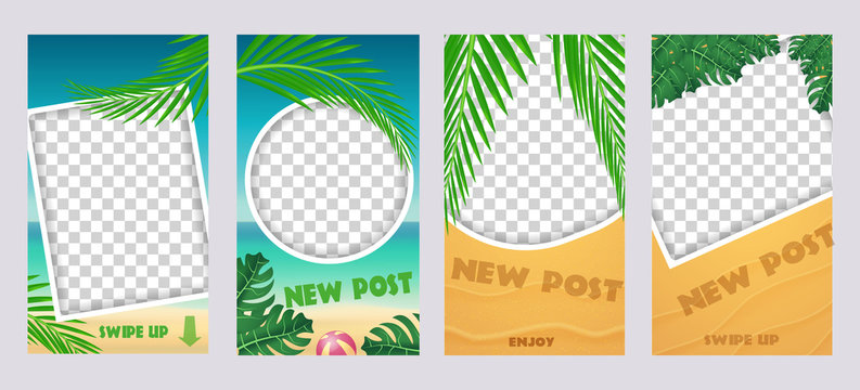 Set of socila media stories. Template for summer vacation travel posts. Vector editable elements.