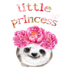 Cool sloth. T-shirt graphics. Watercolor illustration. Portrait of a cute sloth with wreaths on his head of flowers. Little princess. Illustration for printing on t-shirts, cool children's clothing.