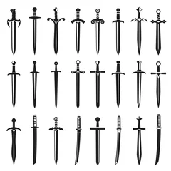 Fotobehang Swords in flat style and silhouettes isolated on white background. Icon set of ancient swords. Vector illustration. Medieval swords. Japanese sword katana. Military sword ancient weapon design silhoue © 3xy