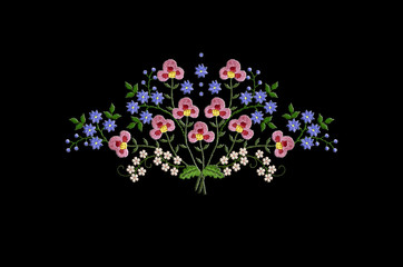 Black background with a pattern for embroidery, a bouquet of pink,blue and white flowers on twigs with leaves
