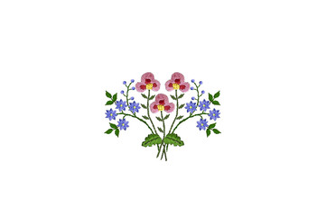 Pattern with bouquet of delicate blue and pink flowers with stems and leaves for embroidery stitch on a white background