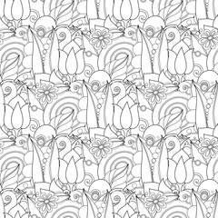 Monochrome Seamless Pattern with Floral Motifs