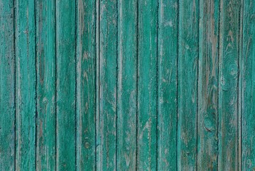 Fototapeta na wymiar green wooden texture of worn old boards in the wall of the fence