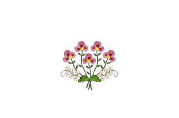 Pattern for embroidery of a small bouquet with delicate pink and white flowers with branches and leaves on a white background