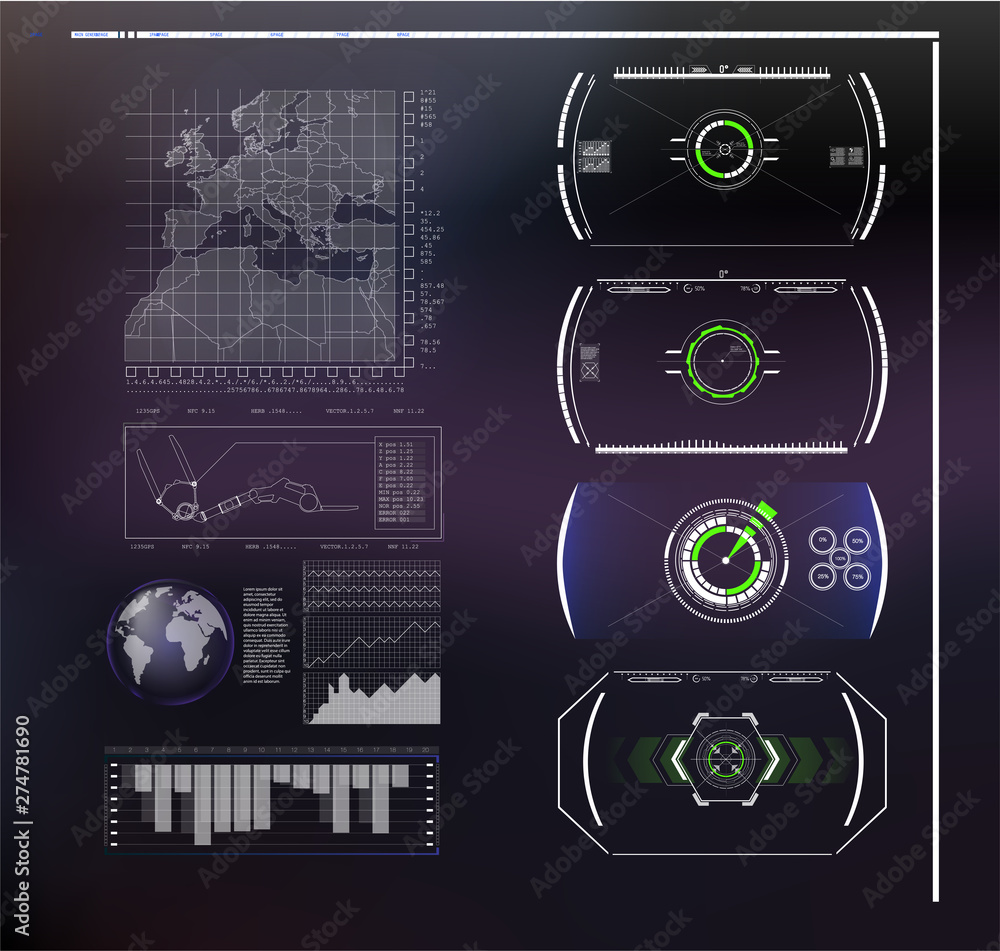 Poster set of futuristic blue infographics as head-up display. display navigation elements for the web and 
