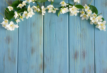 Background for congratulatory banner with jasmine flowers on wooden background. Jasmine flowers on wooden background. View from above