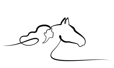 One line drawing. Horse and woman heads logo