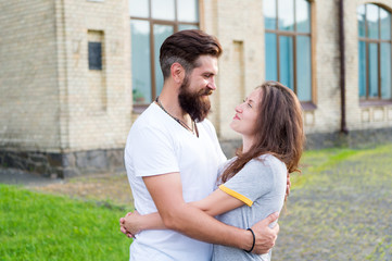 Happy together. Couple in love walking having fun. Man bearded hipster and pretty woman in love. Loving heart is truest wisdom. Summer vacation. Fall in love. Couple relaxing enjoying each other