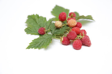 raspberry berries with green leaves isolated on a white background with copy space for text. Healthy food.