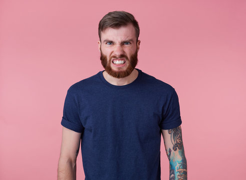 Portrait of young handsome angry red bearded man in red t-shirt, stands over pink background, looks at the camera with disgust and bares his teeth.