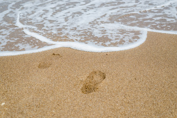 Footprints in the sand on the seashore, the ocean.