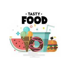 Tasty food. Tasty set sweet food many meal and unhealthy food classic nutrition in flat style.
