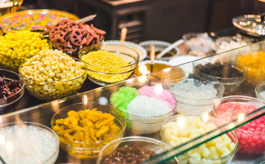 Buffet Table Served by Different Canape, Salads, Vegetable, Fruit, Snacks Ready for Eating in Restaurant