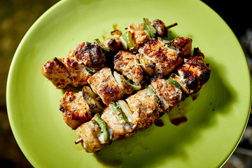 Juicy grilled chicken skewers on green plate on summer day