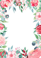 Spring flowers watercolor hand drawn raster frame template