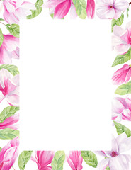 Magnolia buds and flowerheads watercolor hand drawn raster frame template