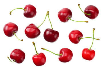 red cherry isolated on white background. Top view