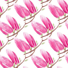 Obraz premium Magnolia branch hand drawn watercolor seamless pattern