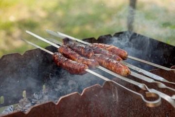 Grilled sausage on the picnic flaming grill