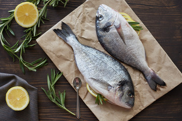 Fresh uncooked dorado or sea bream fish with lemon, herbs, oil, vegetables and spices on rustic wooden board over black backdrop, top view